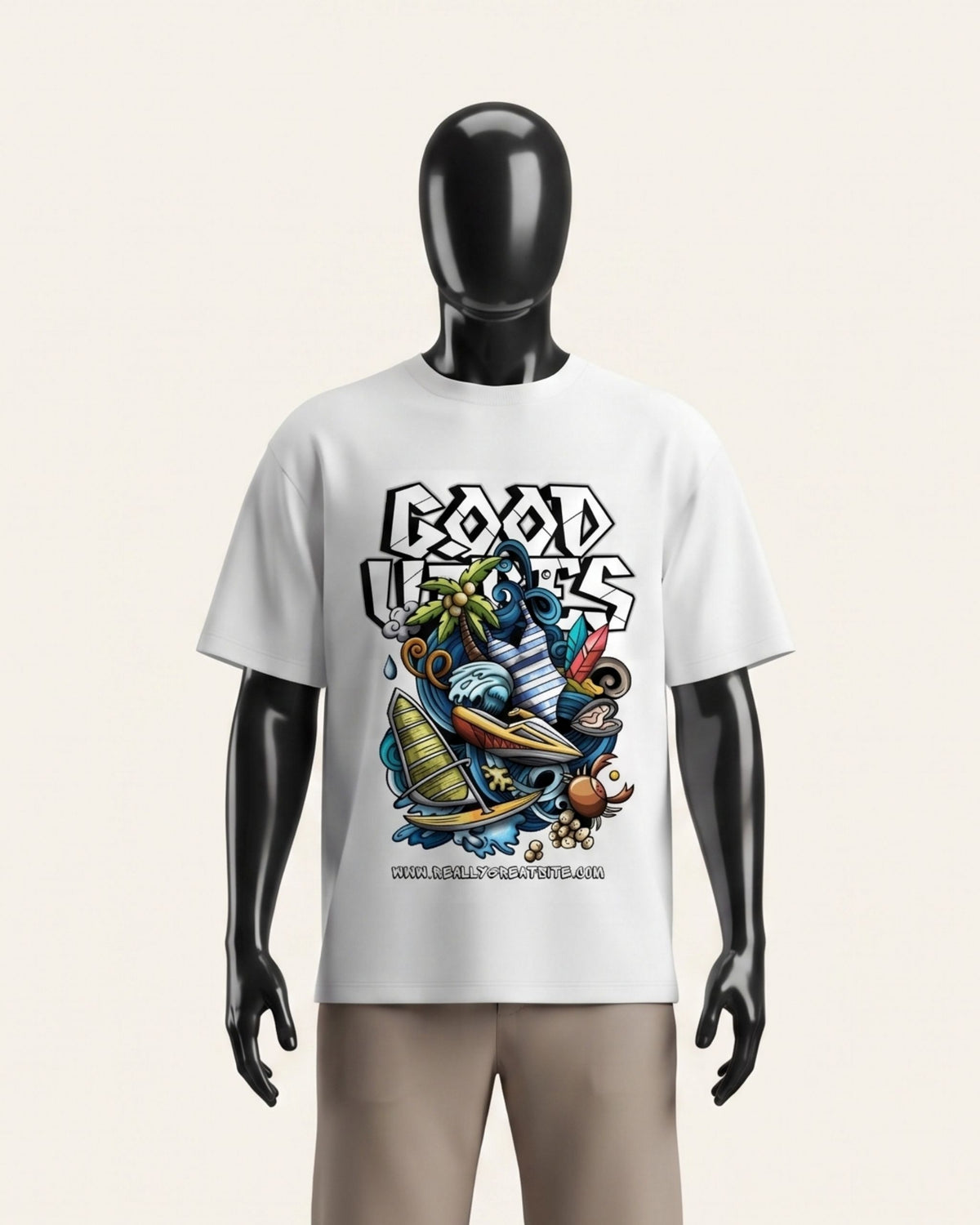 Man wearing a white cotton tee with a graffiti-style cartoon skater and GOOD VIBES wordmark