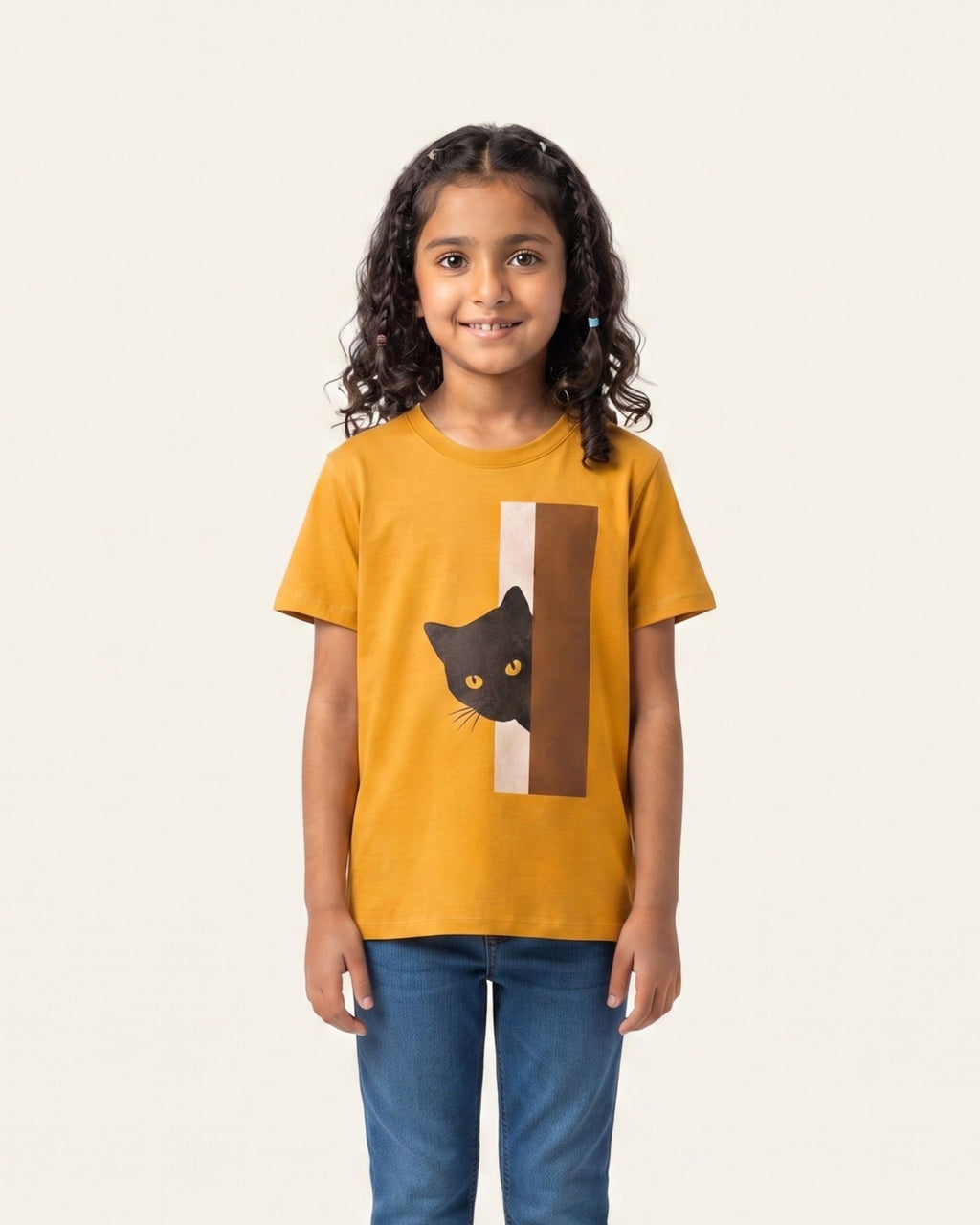 Girls Cat Peek Tee — Mustard