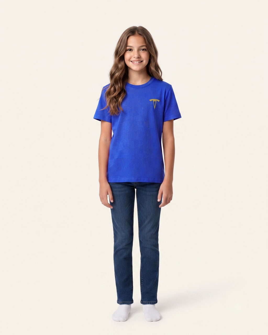 Girl wearing a royal blue OUTCAST basic tee with jeans