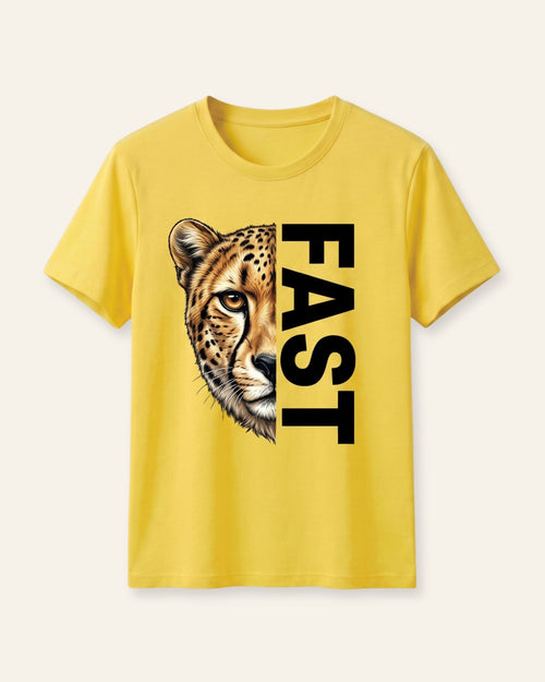 Boys yellow tee with charging leopard with bold FAST lettering, printed down the front, ages 3-14