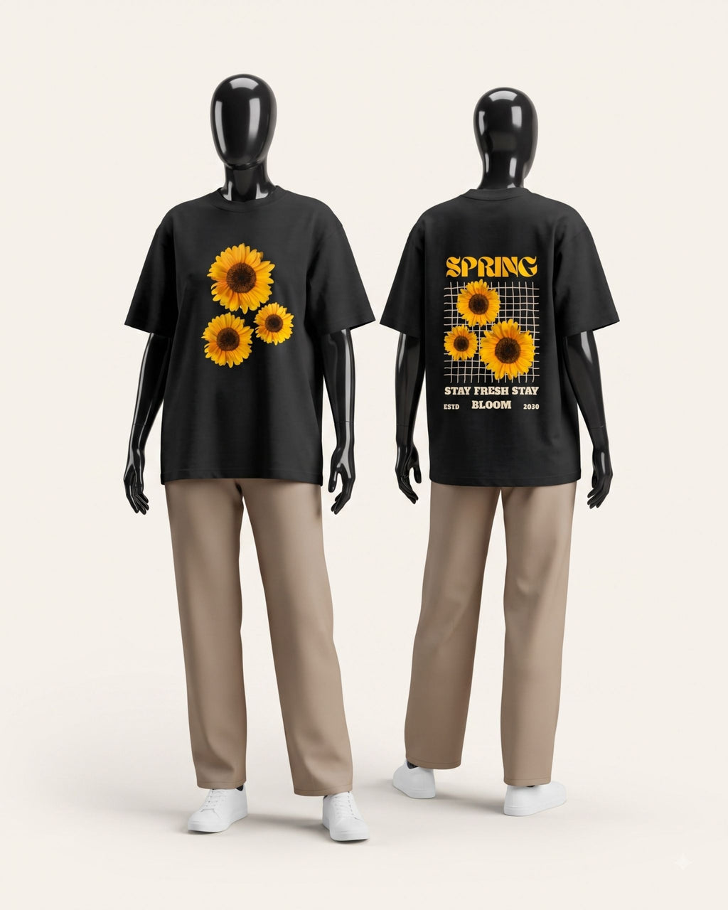 Women's sunflower bloom tee shown front and back on display forms