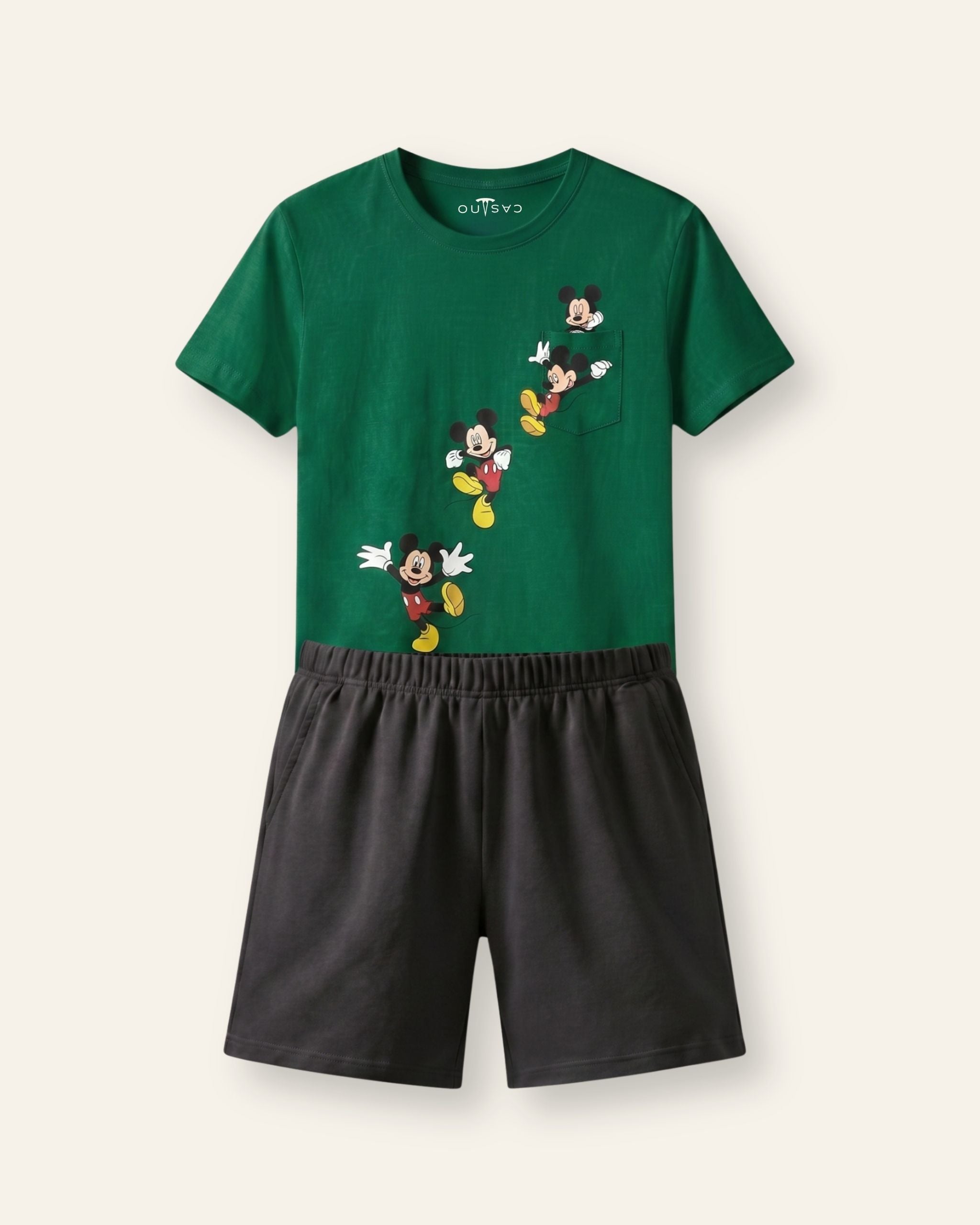 Boys Cartoon Mouse Shorts Set — Green