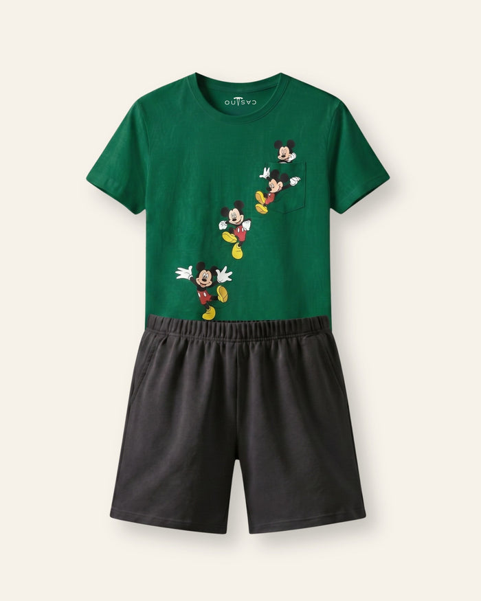 Boys Cartoon Mouse Shorts Set — Green