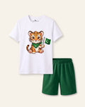 Kids white tee with a tiger holding the flag and green shorts