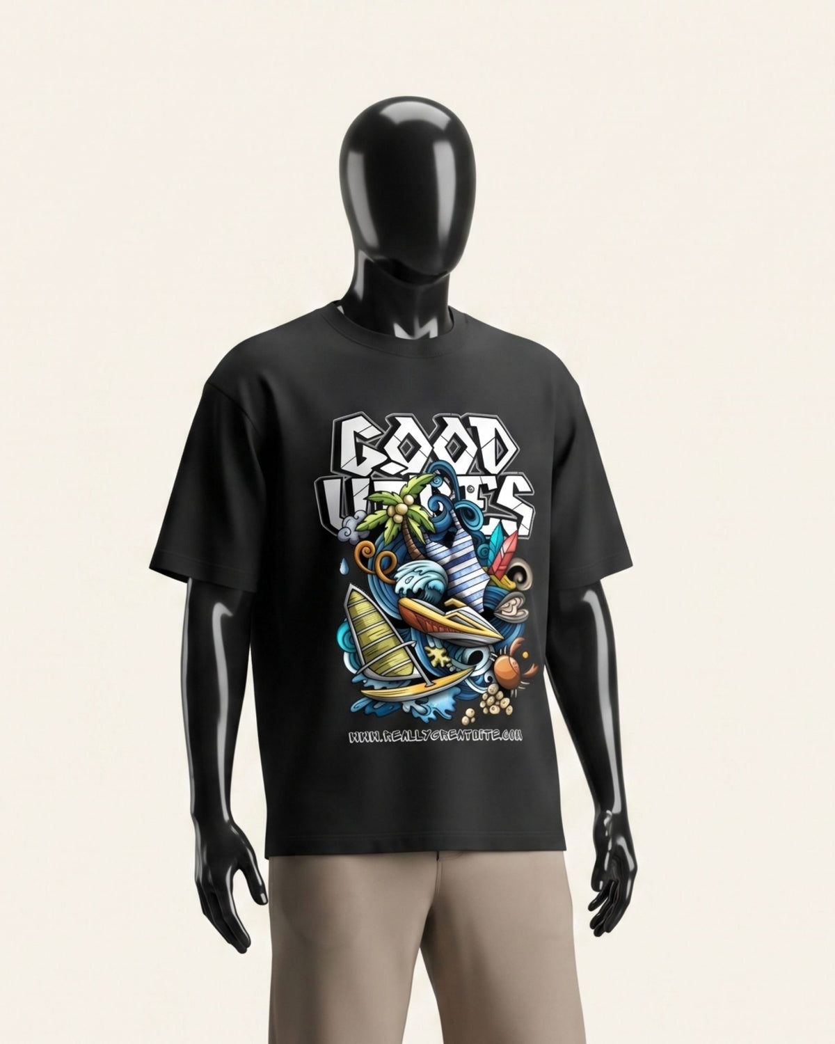 Man wearing a black cotton tee with a graffiti-style cartoon skater and GOOD VIBES wordmark