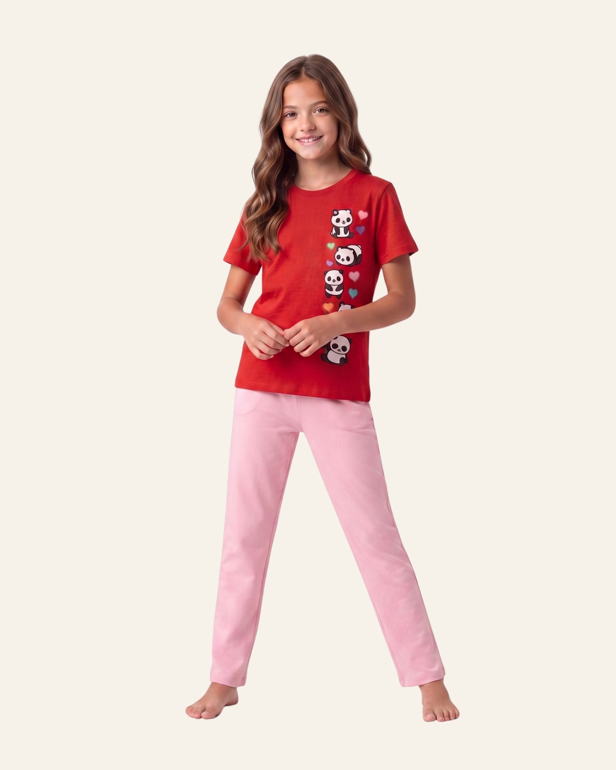 Girls Panda Print Trouser Set — Red