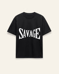 Front of the black cotton tee with a rough hand-carved SAVAGE wordmark in white