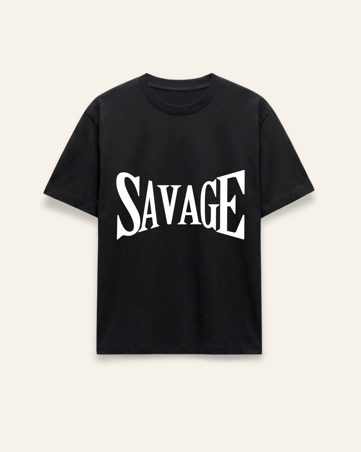 Front of the black cotton tee with a rough hand-carved SAVAGE wordmark in white