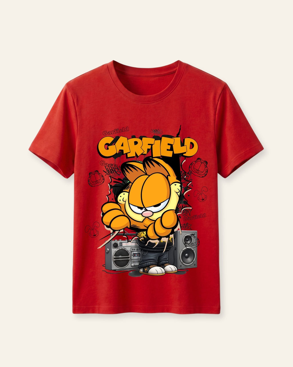 Red kids cotton tee with a cartoon cat and speakers print