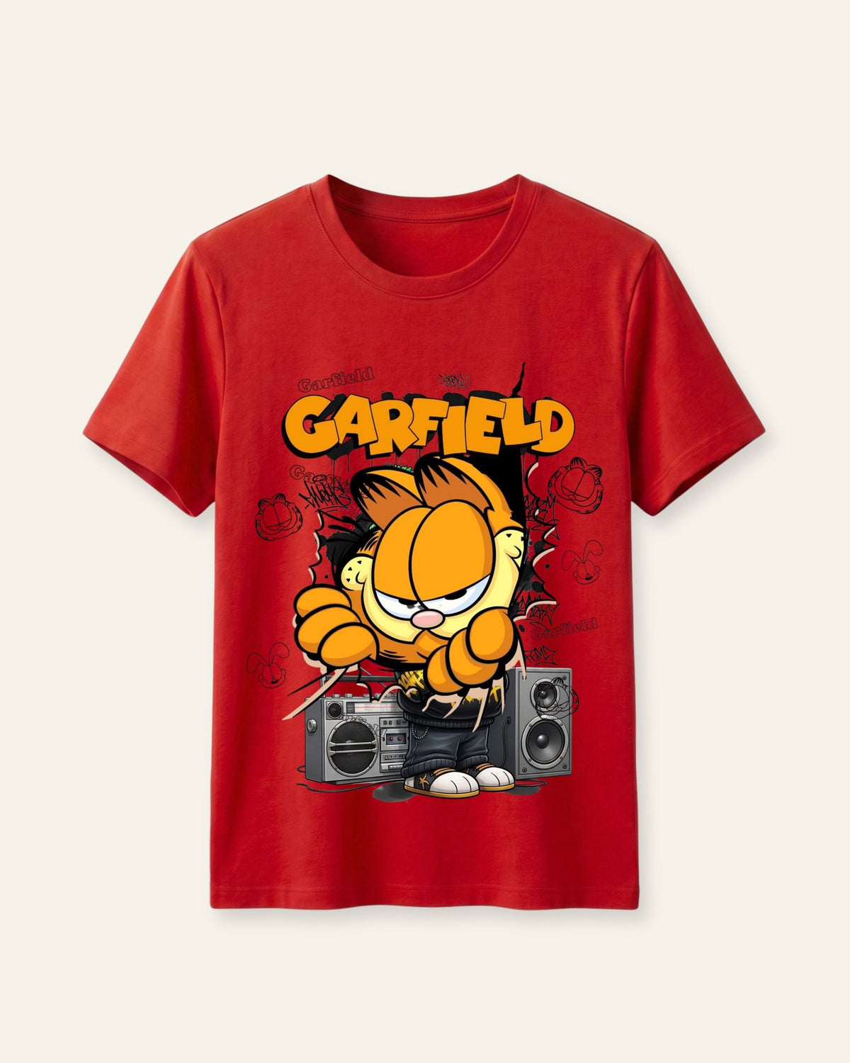Red kids cotton tee with a cartoon cat and speakers print