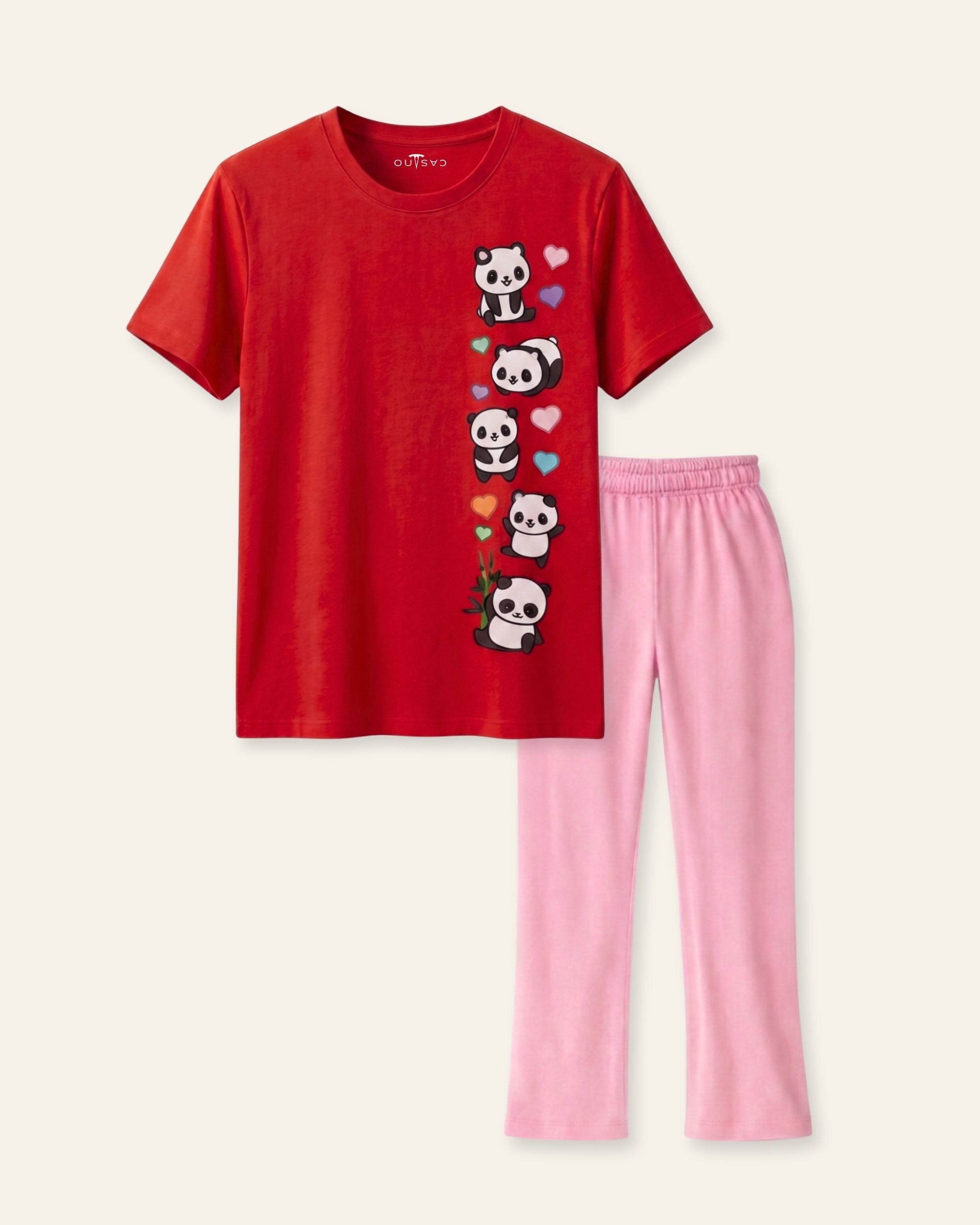 Girls Panda Print Trouser Set — Red