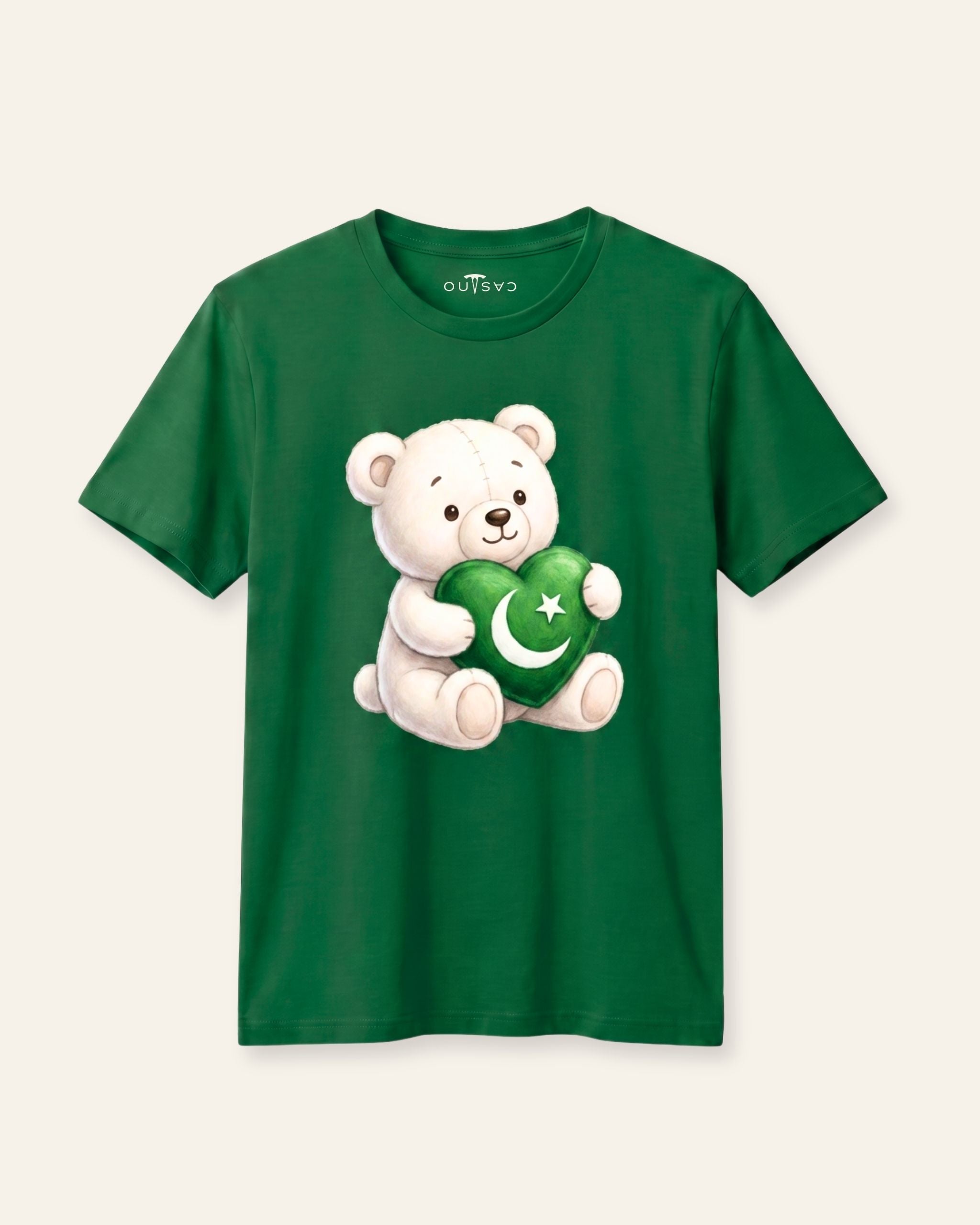Kids green tee with a teddy bear holding a balloon print