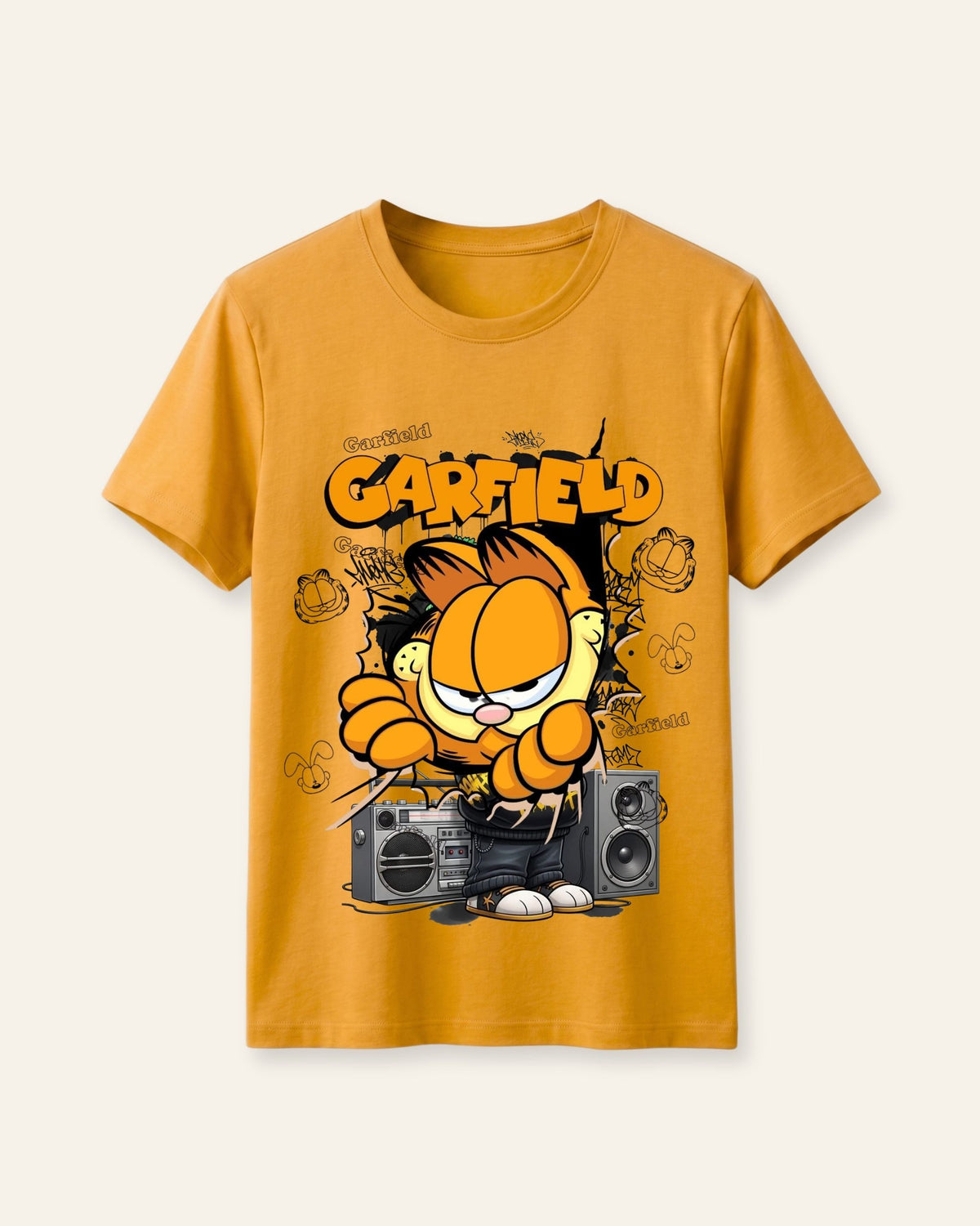 Yellow kids cotton tee with a cartoon cat and speakers print