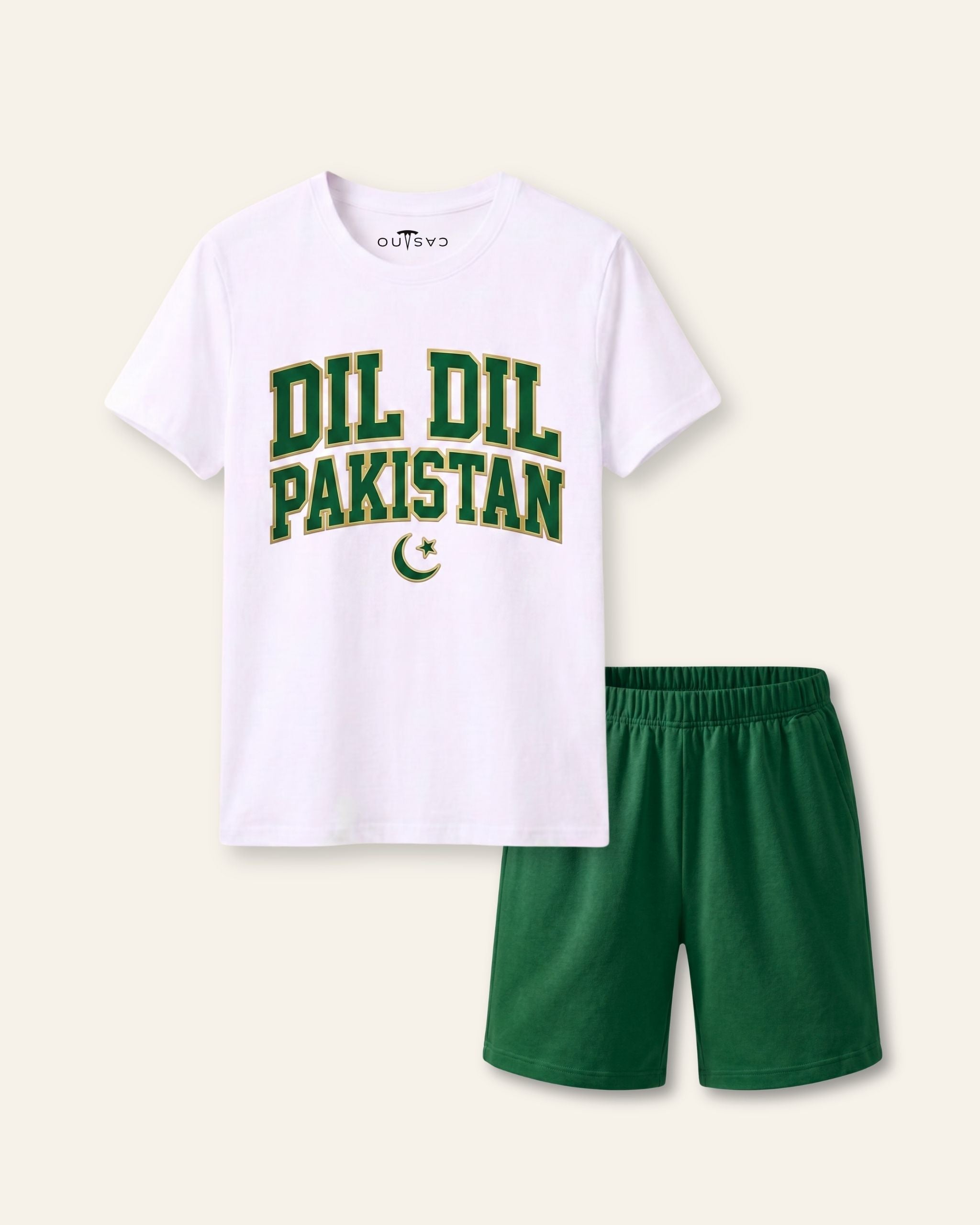Kids white tee with Dil Dil Pakistan in block letters and green shorts