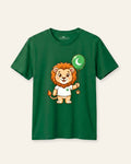 Kids green tee with a lion cub holding balloons print