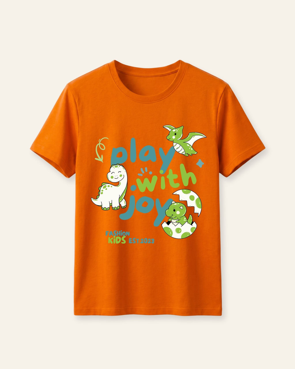 Orange kids cotton tee with little dinosaurs and play with joy lettering