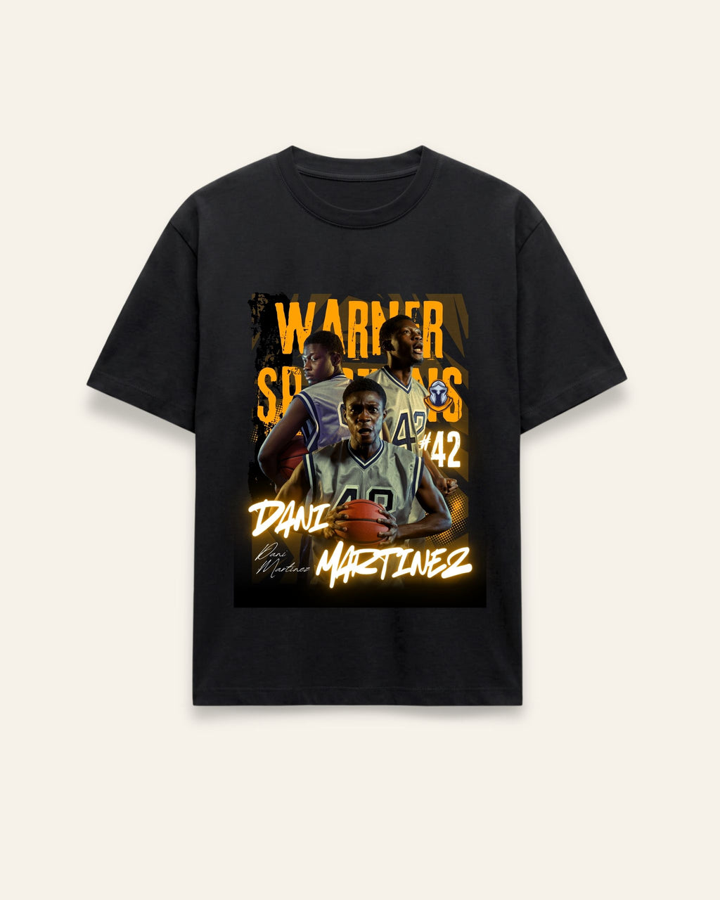 Front of the black cotton tee with a vintage fight-poster layout and helmeted warrior portrait