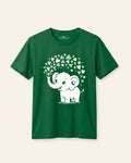 Kids green tee with a white elephant under a blossom tree print