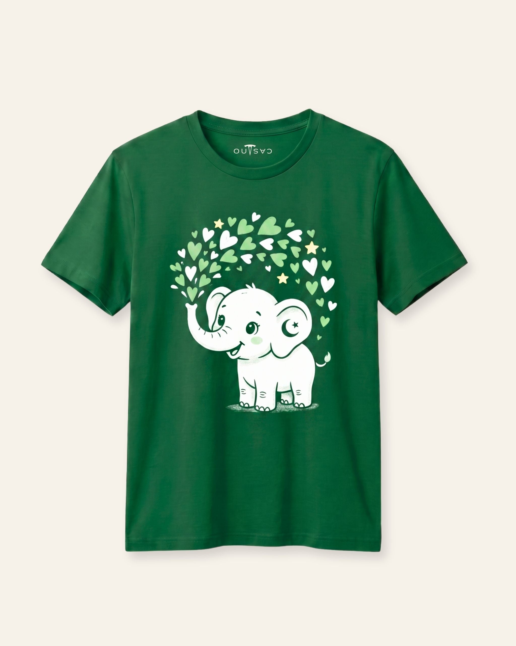 Kids green tee with a white elephant under a blossom tree print