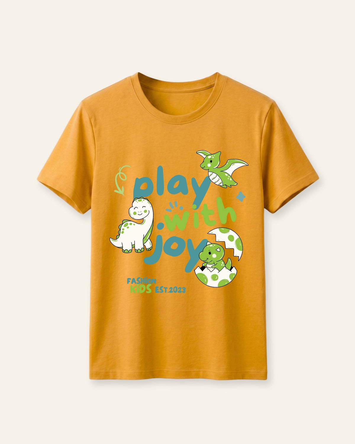 Yellow kids cotton tee with little dinosaurs and play with joy lettering