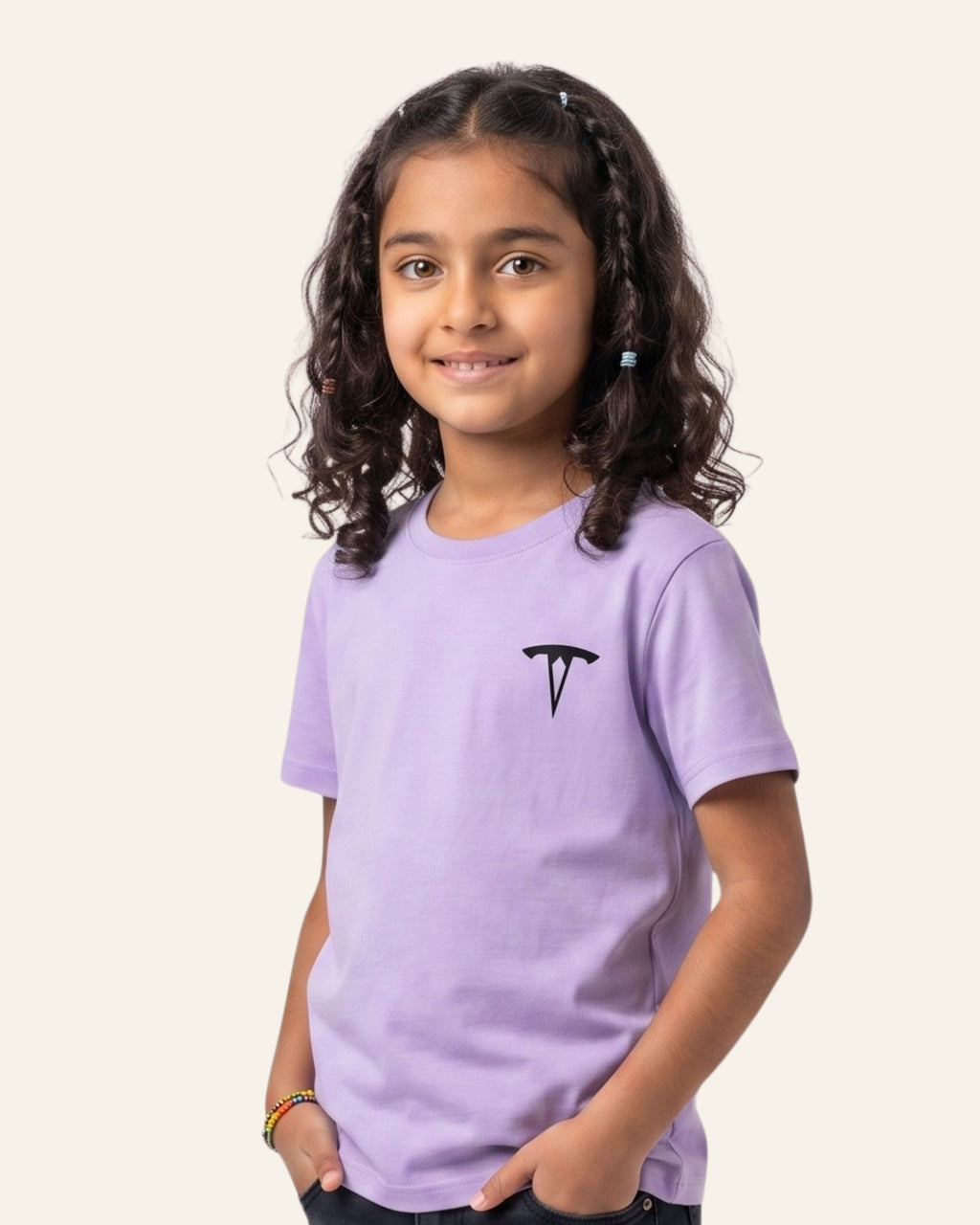 Girl wearing a lavender OUTCAST basic tee, front view