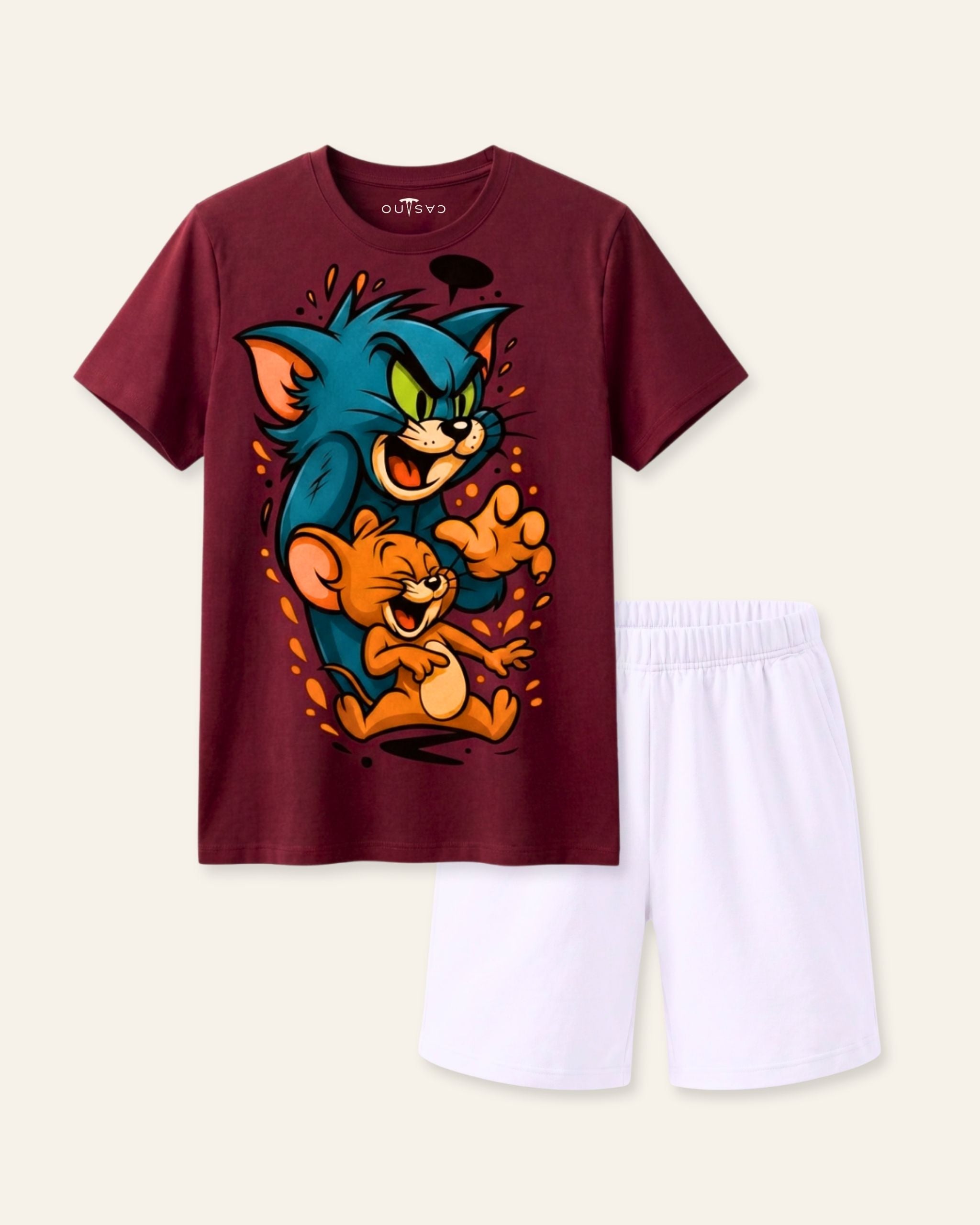 Boys Cartoon Cat & Mouse Shorts Set — Maroon