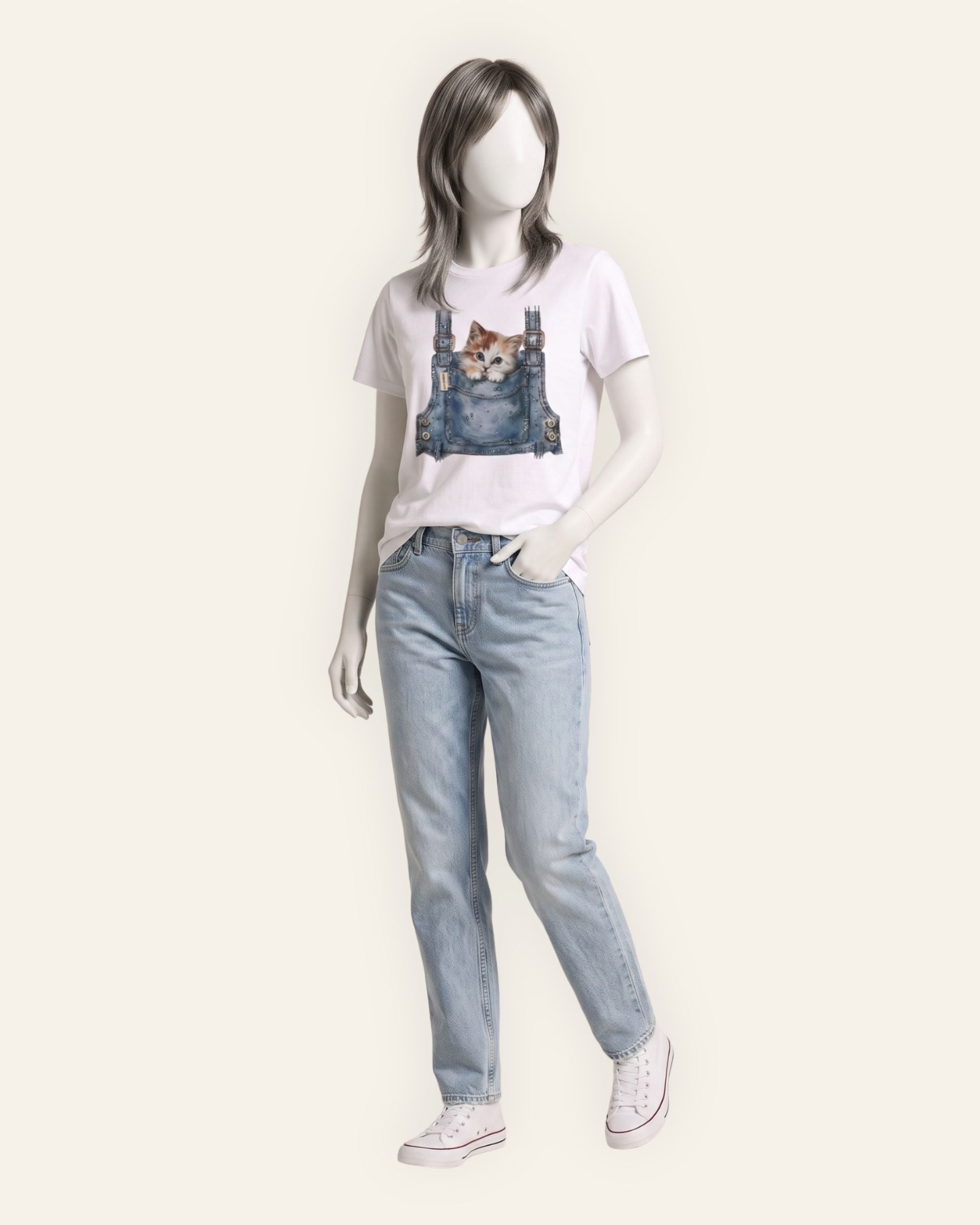 Women's Pocket Cat Graphic Tee — White