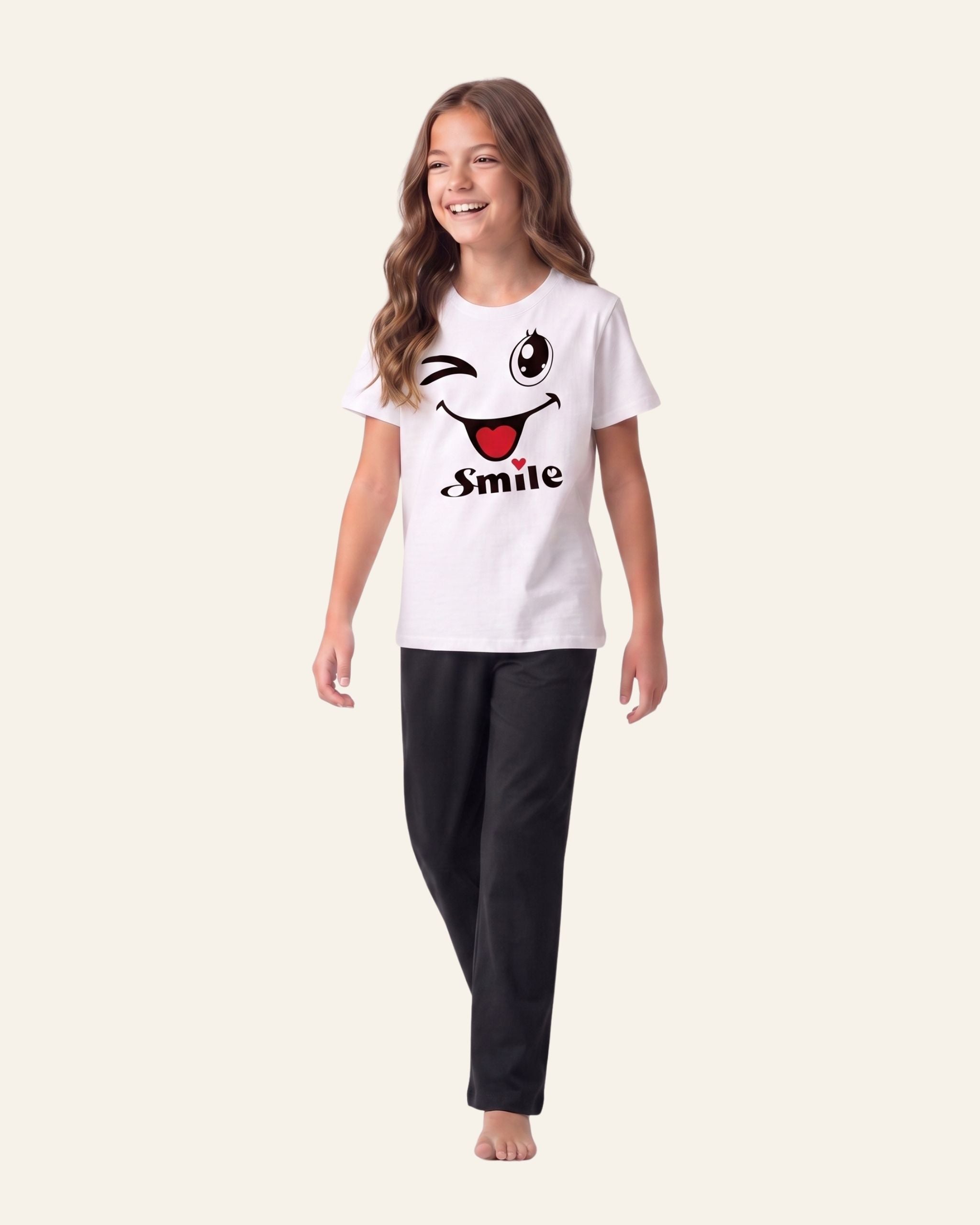 Girls Winky Smile Trouser Set — White