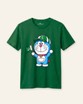 Kids green tee with a cartoon cat and a Pakistan flag print