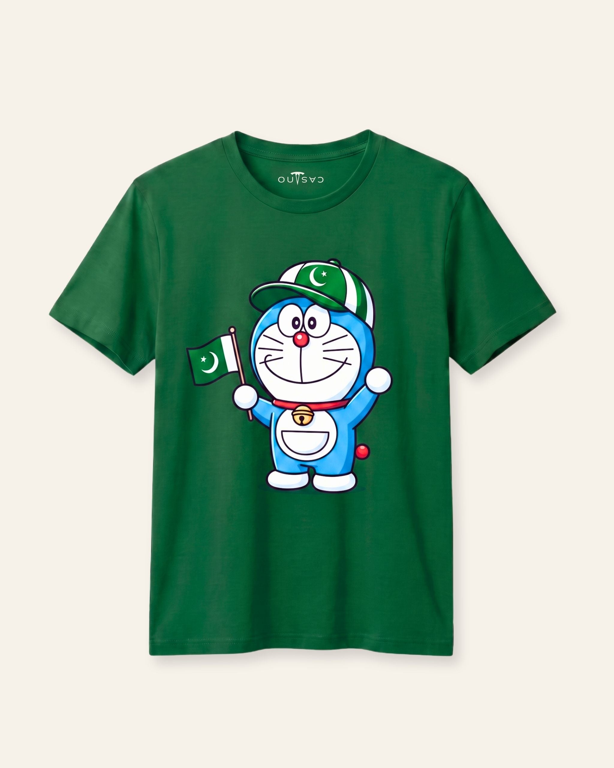 Kids green tee with a cartoon cat and a Pakistan flag print