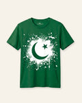 Kids green tee with a crescent in a white paint splash print