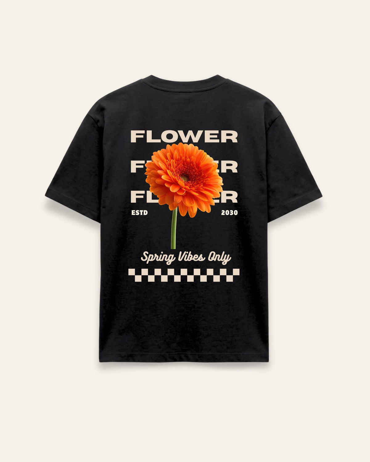 Back of the black cotton tee with a poppy and stacked FLOWER lettering