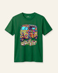 Kids green tee with a painted truck art rickshaw print