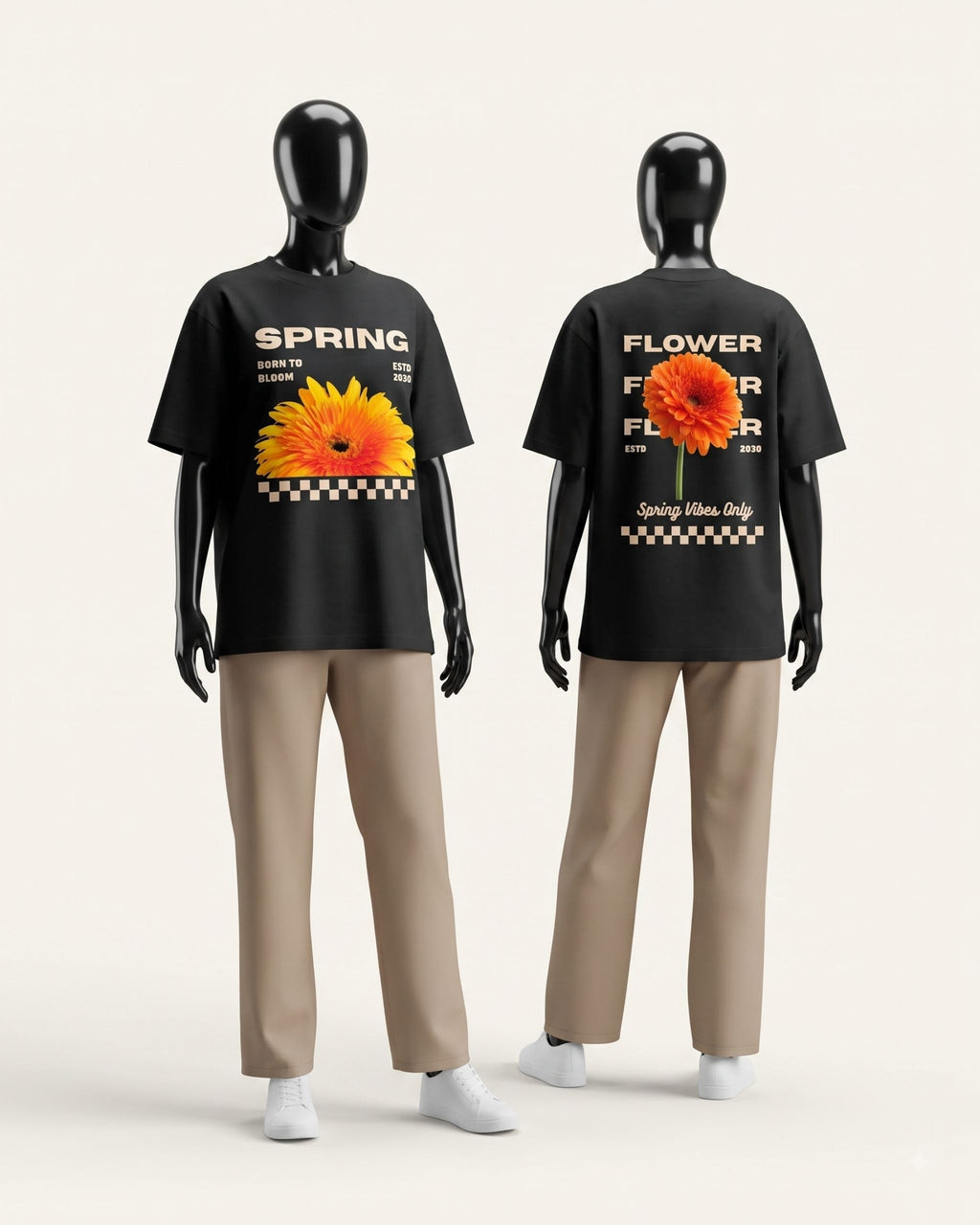 Black cotton tee shown from the front and the back, both printed with floral graphics
