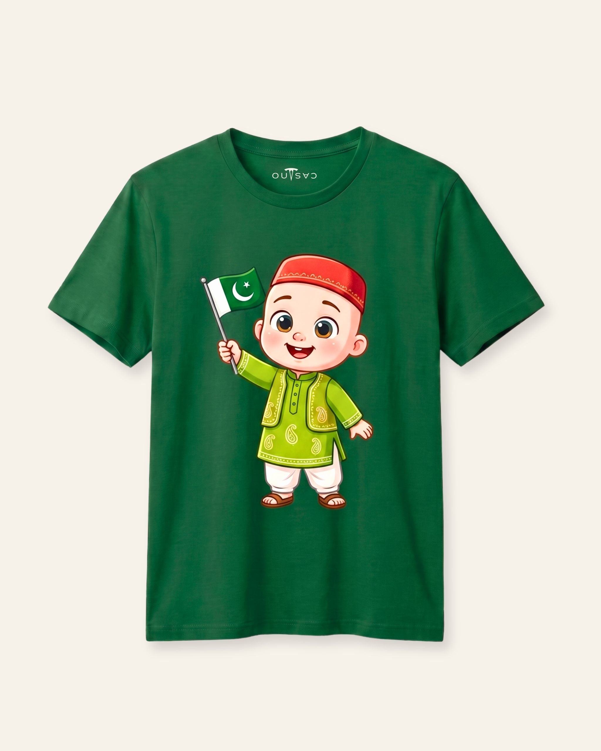Kids green tee with a boy in shalwar kameez holding the Pakistan flag
