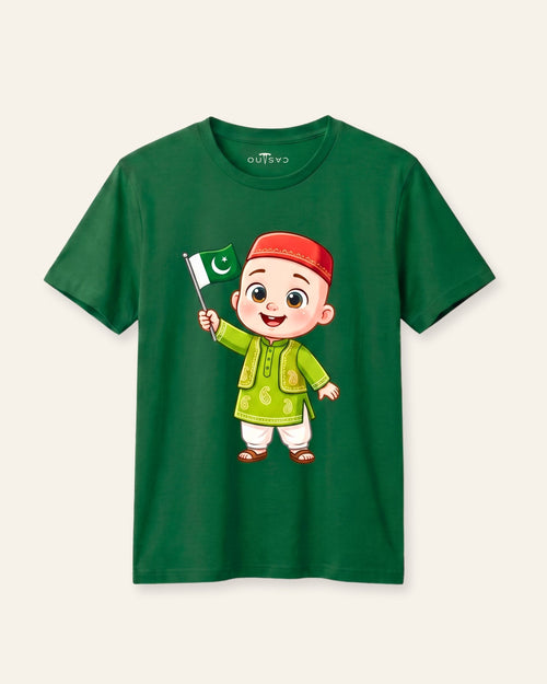 Kids green tee with a boy in shalwar kameez holding the Pakistan flag
