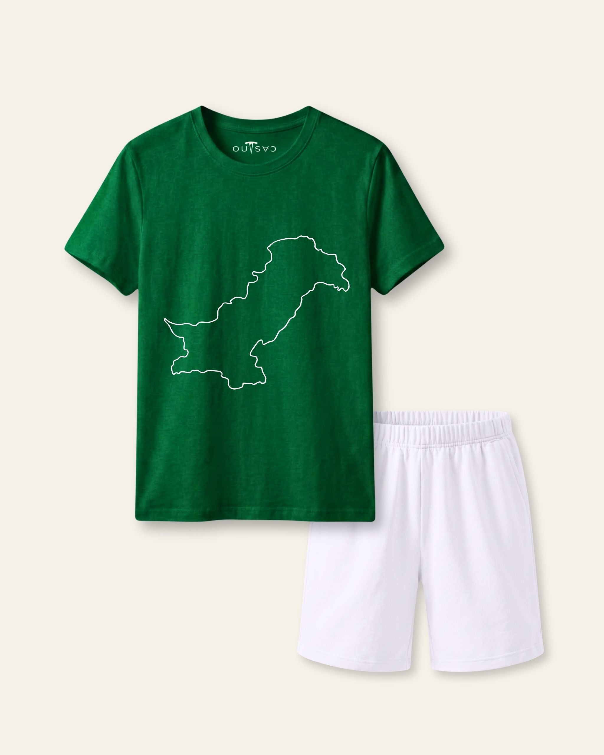 Kids green tee with a Pakistan map outline print and white shorts