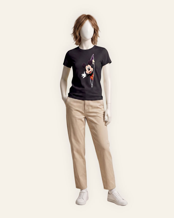 Women's Cartoon Mouse Graphic Tee — Black