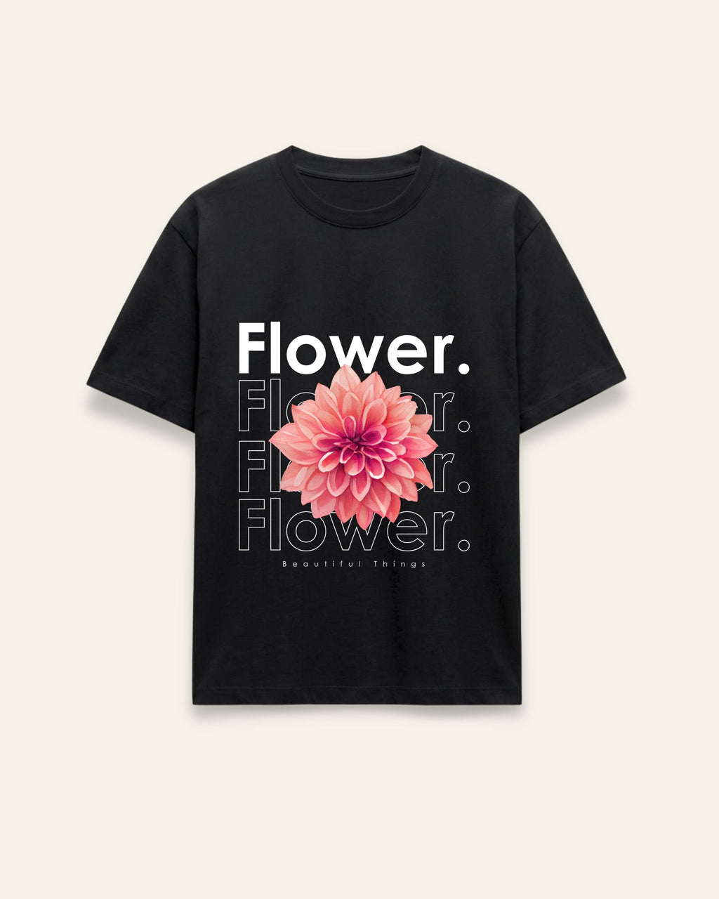 Front of the black cotton tee with a pink dahlia bloom under a clean Flower wordmark