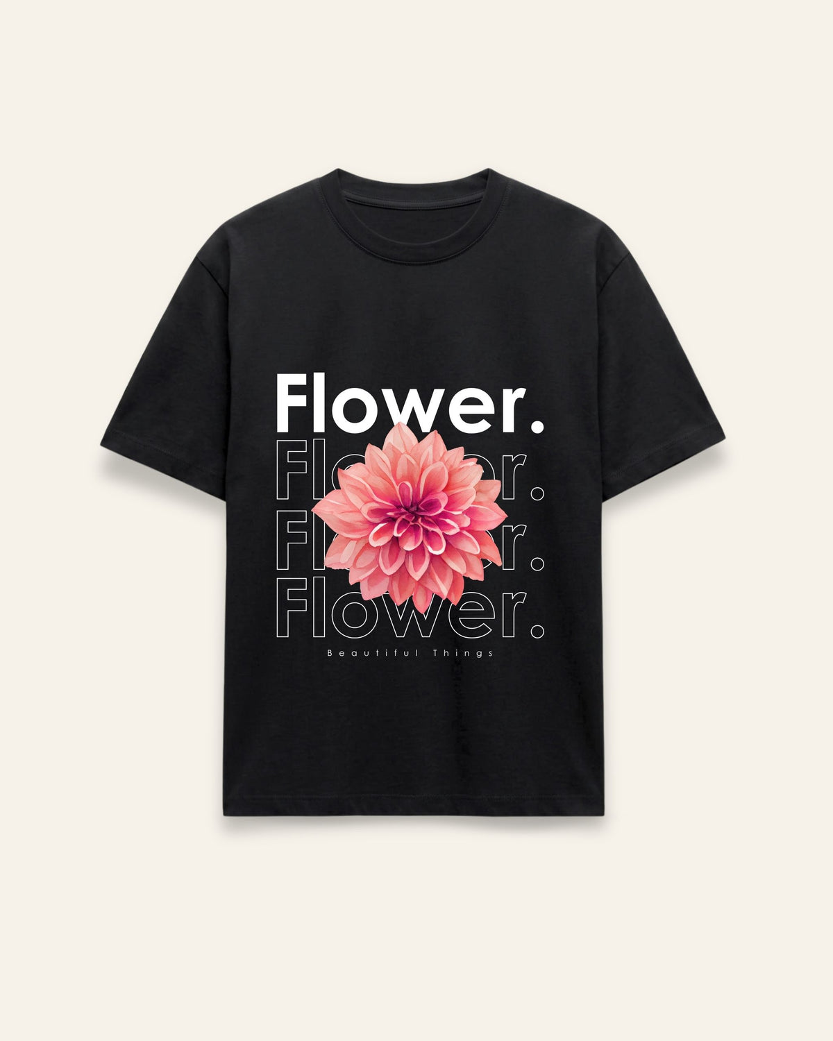 Front of the black cotton tee with a pink dahlia bloom under a clean Flower wordmark
