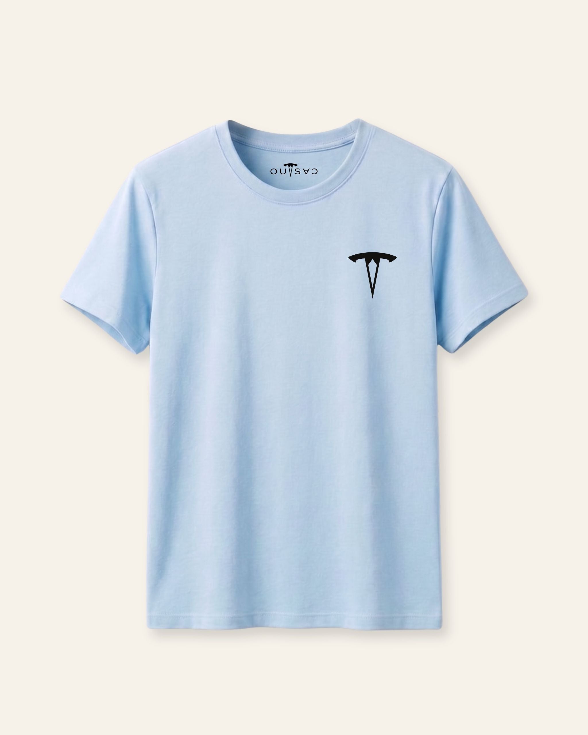 Kids sky blue basic tee with a black OUTCAST logo, flat front