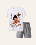White kids tee with a cartoon fighter print and matching grey shorts