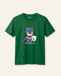Kids green tee with a cartoon hero holding a flag shield