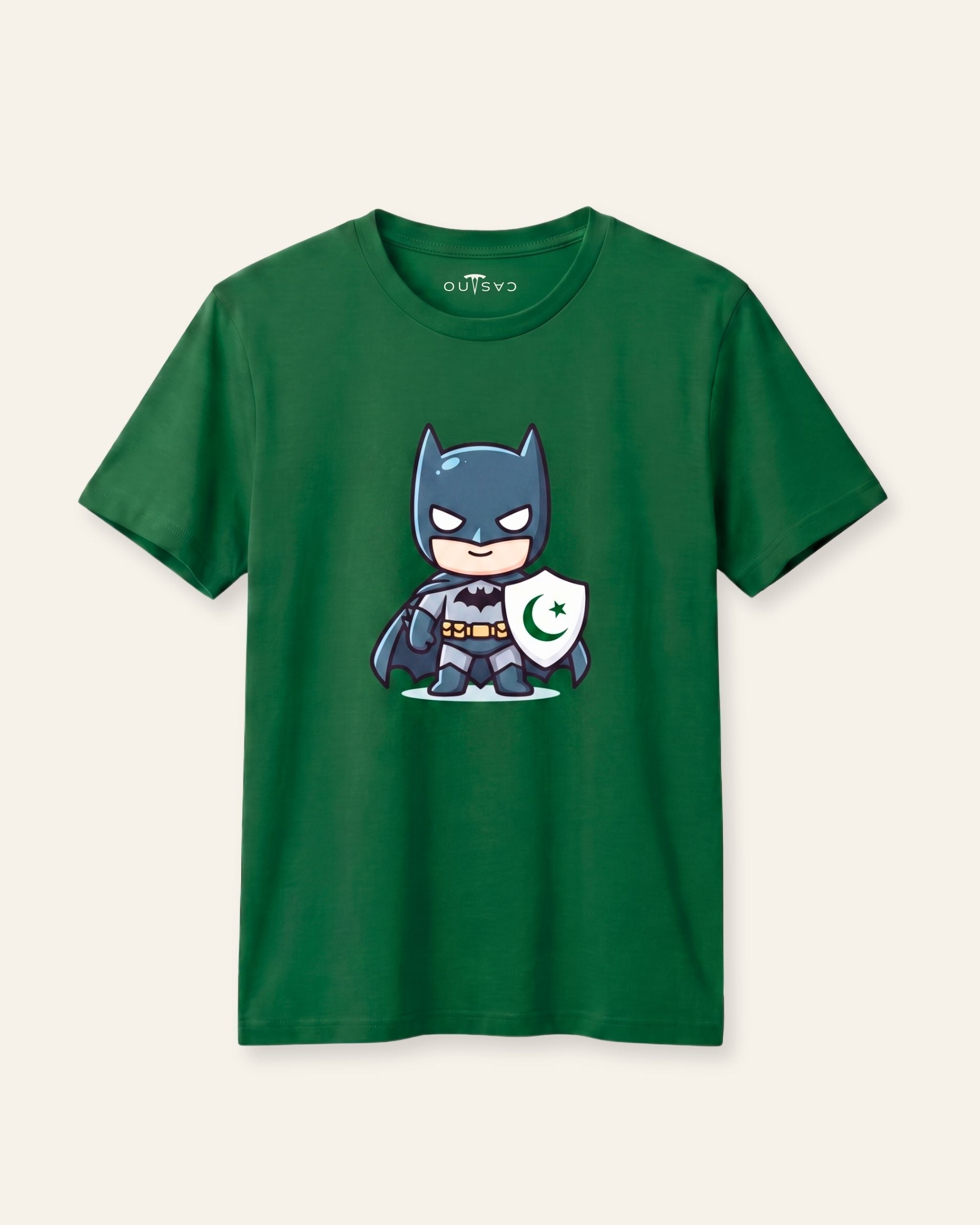 Kids green tee with a cartoon hero holding a flag shield