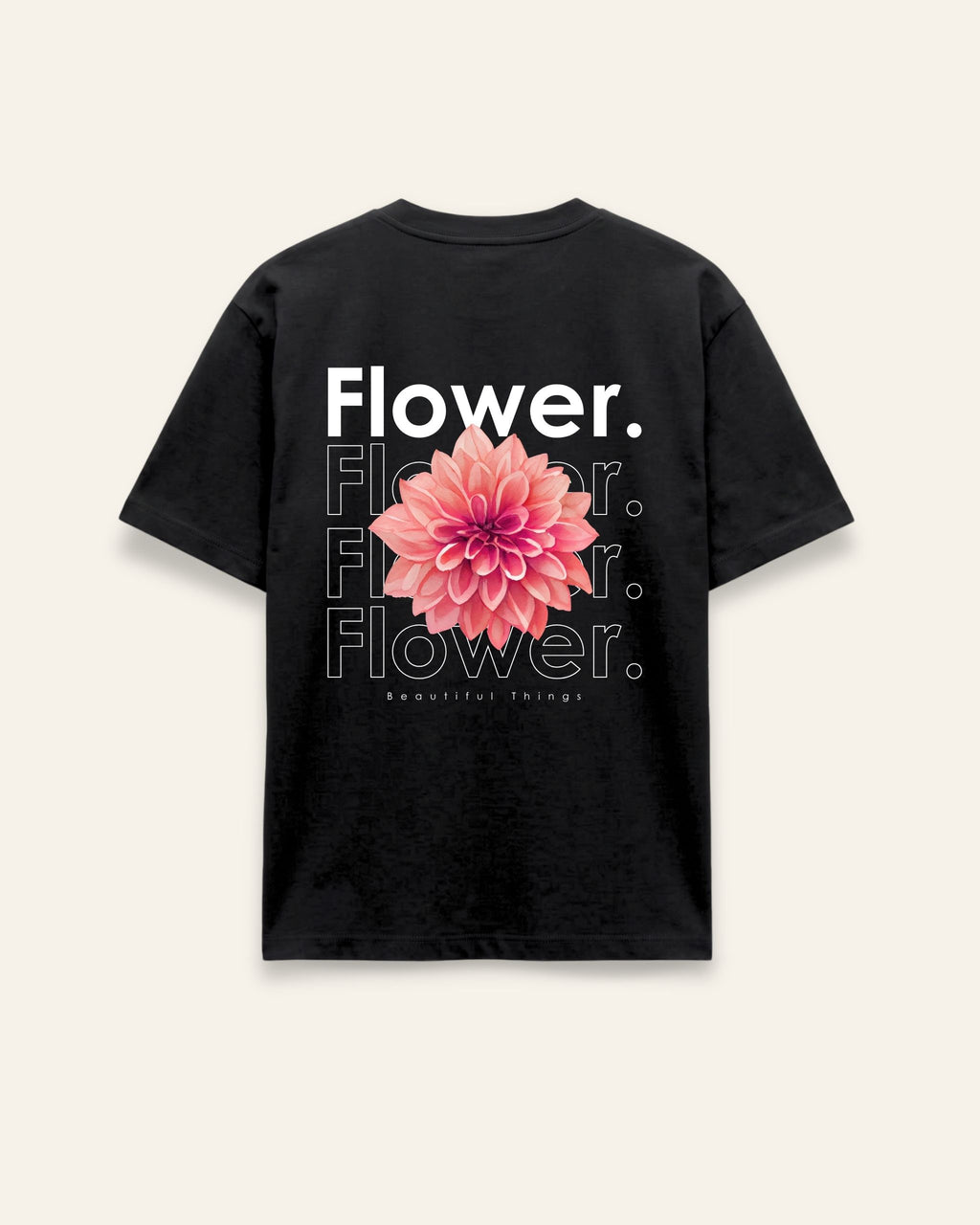 Back of the black cotton tee with a pink dahlia bloom and repeated faded Flower lettering