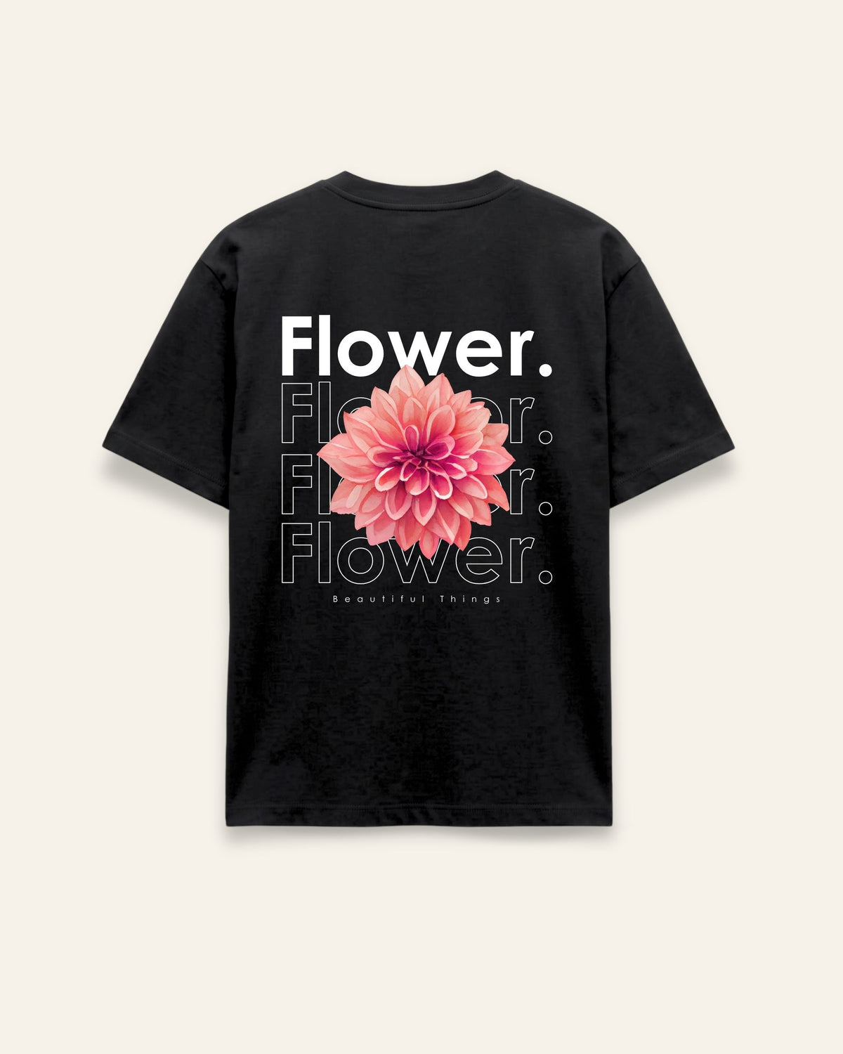Back of the black cotton tee with a pink dahlia bloom and repeated faded Flower lettering