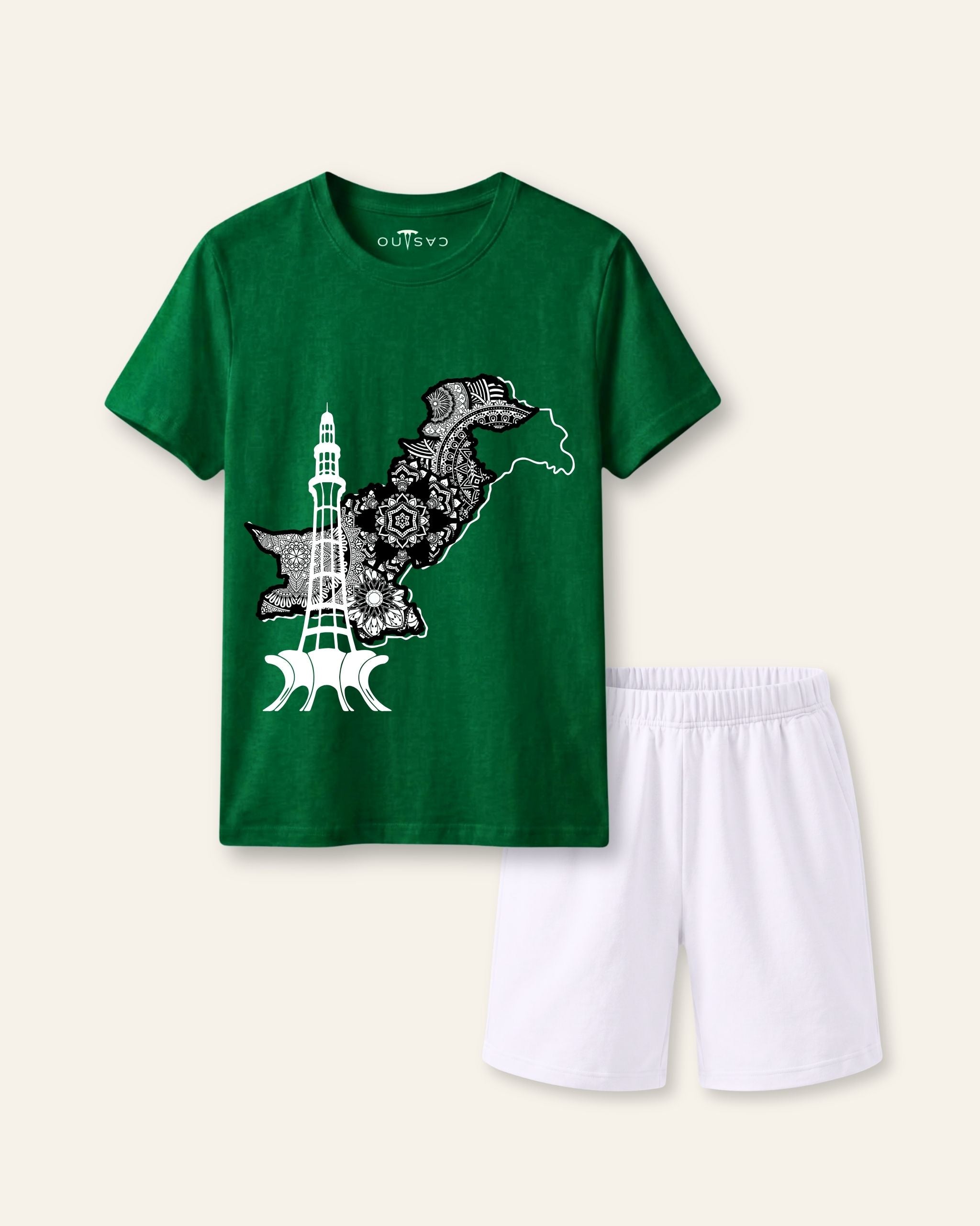 Kids green tee with Minar-e-Pakistan and a mandala-filled map and white shorts