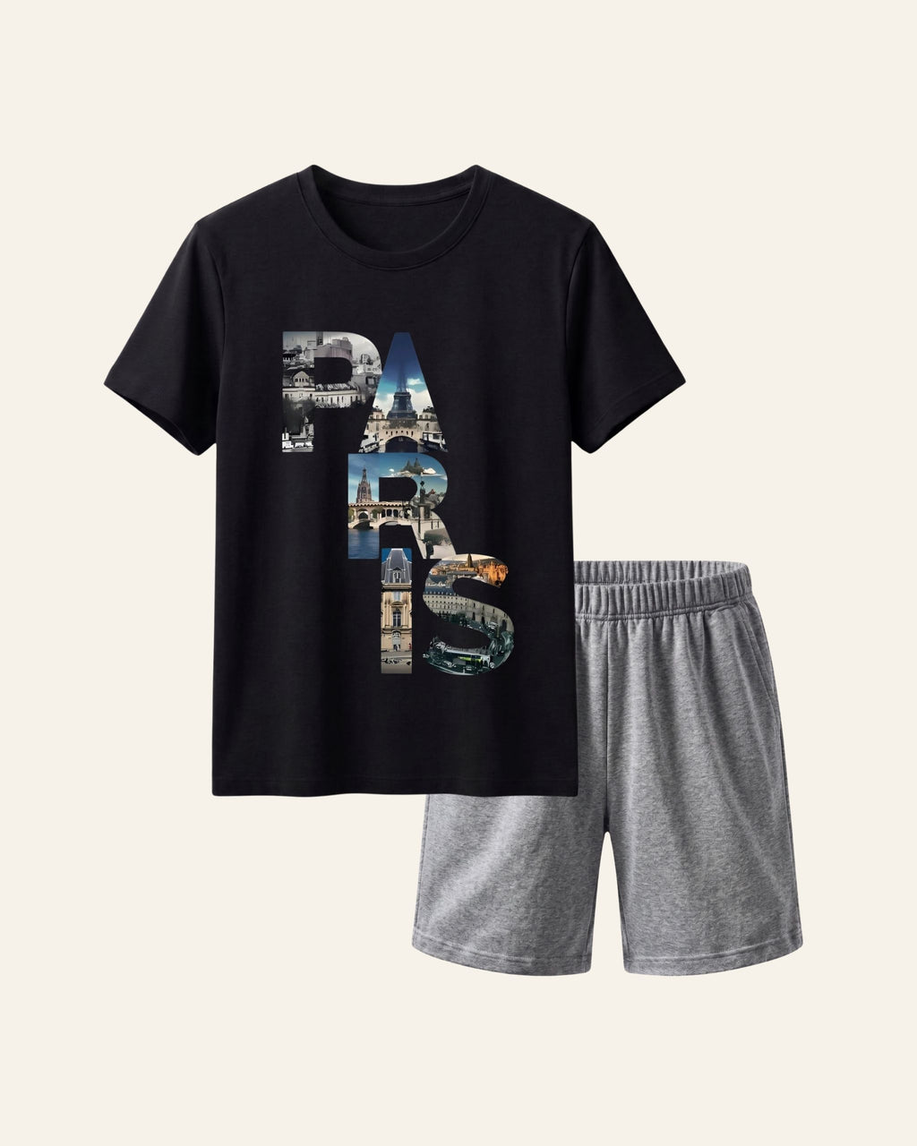 Black kids tee with PARIS block lettering and matching grey shorts