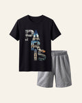 Black kids tee with PARIS block lettering and matching grey shorts