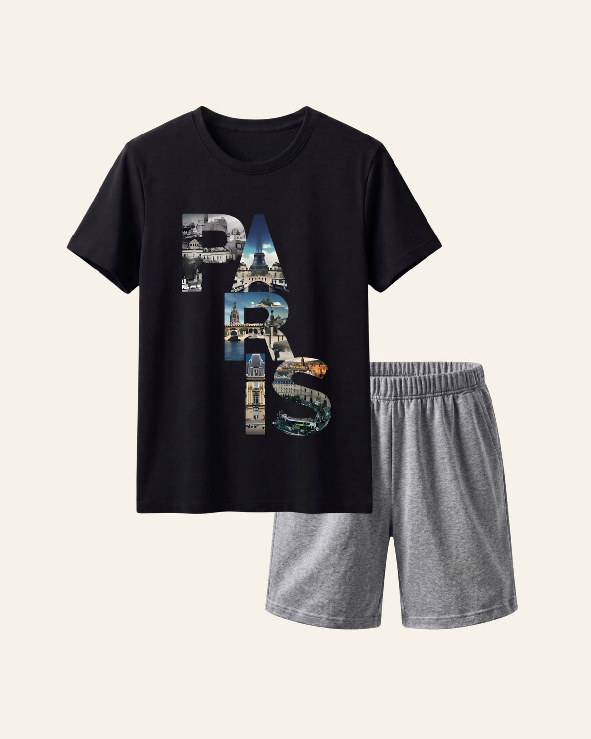 Black kids tee with PARIS block lettering and matching grey shorts